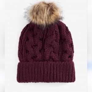 Women's Cable Knit Faux Fur Pom Bobble Hat in the Classical Bordeaux OS